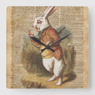 Relógio Quadrado Coelho branco Alice na arte do vintage do país da