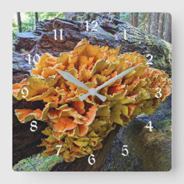 Relógio Quadrado Cogumelo Galinha-da-Floresta Laranja