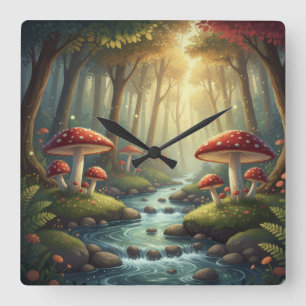 Relógio Quadrado Cogumelos Whimsical e brook
