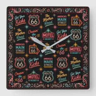 Relógio Quadrado Colagem da Neon Route 66 Mother Road Sinal de Mote