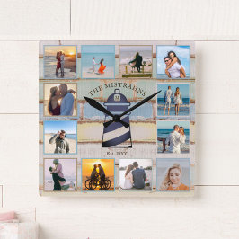 Relógio Quadrado Colagem de 12 fotografias em madeira de ancoragem