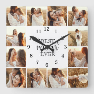 Relógio Quadrado Colagem de 12 Fotos Personalizadas Elegantes e Fof