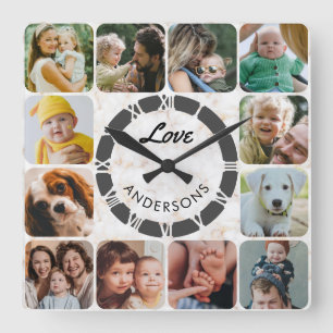 Relógio Quadrado Colagem de 12 Fotos Personalizadas Família Amor Qu