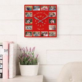 Relógio Quadrado Colagem de 14 Fotos Natal Personalizado Vermelho D