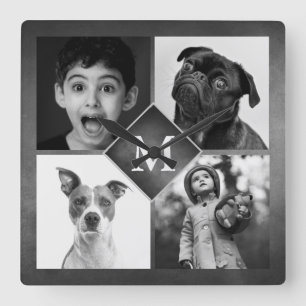 Relógio Quadrado Colagem de 4 Fotos da Família Monograma em Quadro 