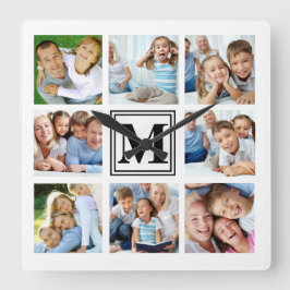 Relógio Quadrado Colagem de Família em Grid de 8 Fotos Preto e Bran