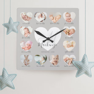 Relógio Quadrado Colagem de Foto Cardíaca do Primeiro Ano do Bebê