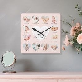 Relógio Quadrado Colagem de Foto Cardíaca do Primeiro Ano do Bebê