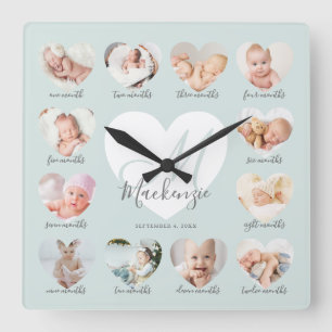 Relógio Quadrado Colagem de Foto Cardíaca do Primeiro Ano do Bebê