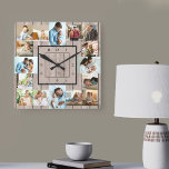 Relógio Quadrado Colagem de Fotografias 16 Imagens Madeira Leve Num<br><div class="desc">Relógio de fotos com 16 de suas fotos favoritas. O design tem uma madre castanha rustica que olha para o fundo e a face do na moda com números modernos. O modelo de fotografia está pronto para carregar as suas fotografias, que são apresentadas em 2x retrato, 2x paisagem e 12x...</div>