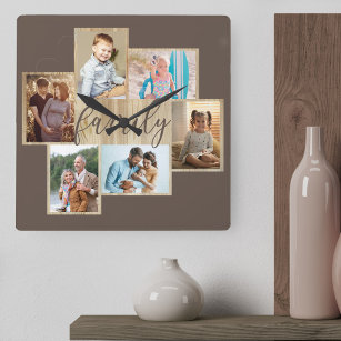 Relógio Quadrado Colagem de Fotografias Familiares Madeira Bordo de