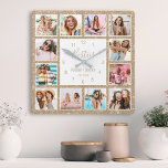 Relógio Quadrado Colagem de Fotografias Personalizada Besties Doura<br><div class="desc">Torne esta tendência elegante,  branca e dourada faux glitter foto colage wall clock exclusivo com 12 de suas fotos favoritas com seu(s) melhor(s) amigo(s). O design também apresenta o moderno roteiro de "Besties" escrito à mão,  seus nomes e a data que você conheceu.</div>