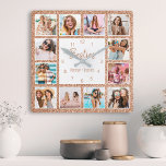 Relógio Quadrado Colagem de Fotografias Personalizada Besties Rosa<br><div class="desc">Torne esta tendência elegante,  branca e rosa dourada faux glitter foto colage wall clock exclusivo com 12 de suas fotos favoritas com seu(s) melhor(s) amigo(s). O design também apresenta o moderno script "Besties" escrito à mão e seus nomes.</div>