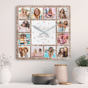 Relógio Quadrado Colagem de Fotografias Personalizada Besties Rosa