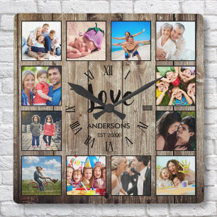 Relógio Quadrado Colagem de Fotografias Personalizada Farmhouse Rus