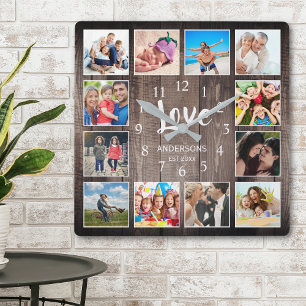 Relógio Quadrado Colagem de Fotografias Personalizada Farmhouse Rus