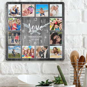 Relógio Quadrado Colagem de Fotografias Personalizada Farmhouse Rus