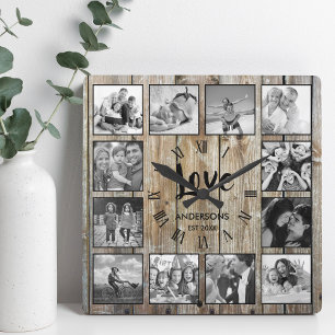 Relógio Quadrado Colagem de Fotografias Personalizada Farmhouse Rus