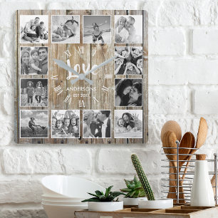 Relógio Quadrado Colagem de Fotografias Personalizada Farmhouse Rus