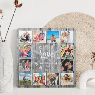 Relógio Quadrado Colagem de Fotografias Personalizada Farmhouse Rus