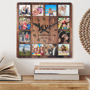 Relógio Quadrado Colagem de Fotografias Personalizada Farmhouse Rus