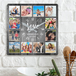 Relógio Quadrado Colagem de Fotografias Personalizada Farmhouse Rus