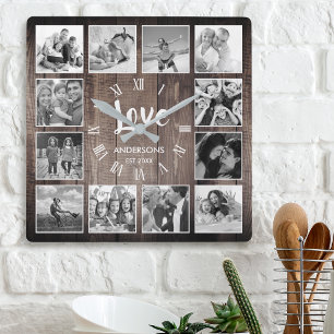 Relógio Quadrado Colagem de Fotografias Personalizada Farmhouse Rus