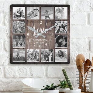 Relógio Quadrado Colagem de Fotografias Personalizada Farmhouse Rus