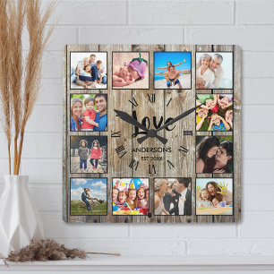 Relógio Quadrado Colagem de Fotografias Personalizada Farmhouse Rus