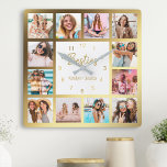 Relógio Quadrado Colagem de Fotografias Personalizadas Besties Dour<br><div class="desc">Torne esta tendência elegante,  branca e ouro,  relógio de colagem de fotos único com 12 das suas fotos favoritas com o(s) seu(s) melhor(s) amigo(s). O design também apresenta o moderno script "Besties" escrito à mão e seus nomes.</div>