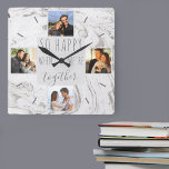 Relógio Quadrado Colagem de Fotos Chic Marble Feliz Juntos<br><div class="desc">Crie seu próprio relógio de parede quadrado exclusivo que você pode personalizar com 4 de suas fotos favoritas. Este chic e a design moderna têm uma mármore aquarela em tons de branco e cinza com a tipografia das cinzas escuras. As fotos são exibidas em formato quadrado ao redor da frase...</div>