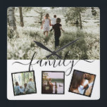Relógio Quadrado Colagem de fotos da família 4 personalizada<br><div class="desc">Personalizado único personalizado por você - modelo de colagem de 4 fotos com detalhes tipográficos - relógio de parede temático da família de Ricaso</div>