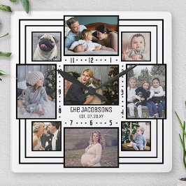 Relógio Quadrado Colagem de Fotos da Família 9 Fotos Nome White Str