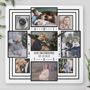 Relógio Quadrado Colagem de Fotos da Família 9 Fotos Nome White Str