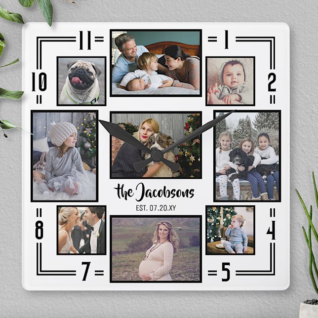 Relógio Quadrado Colagem de Fotos da Família 9 Pic White Stripe Nam (Criador carregado)