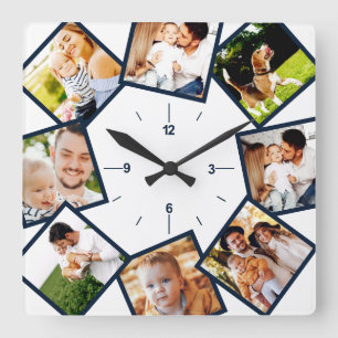 Relógio Quadrado Colagem De Fotos Da Família Azul E Branco