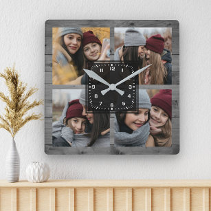 Relógio Quadrado Colagem de Fotos da Família de Cinzas Russas 4 Ima