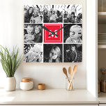 Relógio Quadrado Colagem de Fotos da Família do Monograma Vermelho<br><div class="desc">Colagem de Fotos da Família Monogramas. Uma bela decoração para qualquer quarto. Personalize este design personalizado com o seu próprio monograma inicial ou texto.</div>