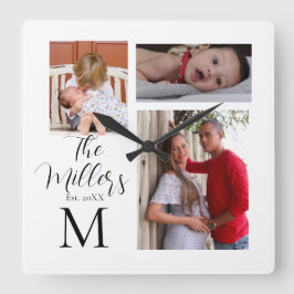 Relógio Quadrado Colagem de Fotos da Família Monograma