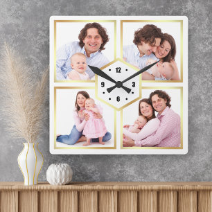 Relógio Quadrado Colagem de Fotos de Família com 4 Imagens em Branc