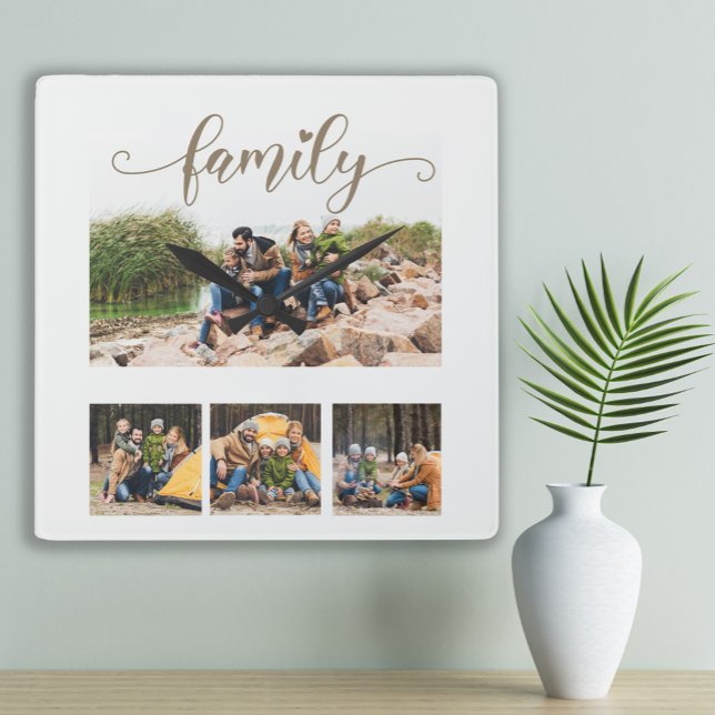 Relógio Quadrado Colagem de Fotos de Família Quatro Personalizada c (White custom 4-photo "Family" wall clock)