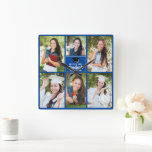 Relógio Quadrado Colagem de Fotos de Graduado Azul Personalizada Gr<br><div class="desc">Este relógio de parede de colagem de fotos de graduado azul moderno apresenta suas 6 fotografias de estudante favoritas. Este presente de recordação de graduação apresenta tipografia branca clássica do nome da sua escola ou faculdade para a turma de 2026. Personalize este design com o ano de sua graduação abaixo...</div>
