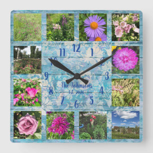 Relógio Quadrado Colagem de Fotos Madeira Azul Shabby Chic