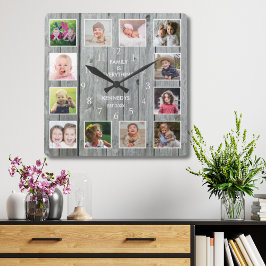 Relógio Quadrado Colagem de Fotos Personalizada 12 Madeira Cinza Rú