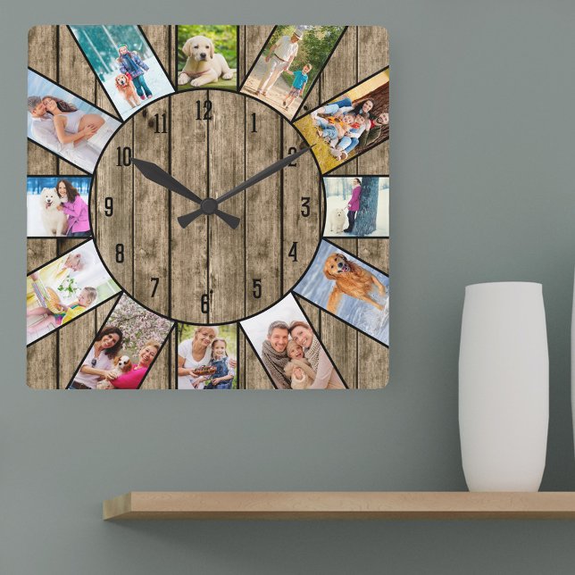 Relógio Quadrado Colagem de Fotos Personalizada 12 Madeira Natural  (Photo clock with 12 photos, one at each hour. Great design for your home or a thoughtful photo gift.)