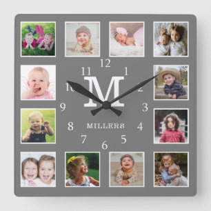 Relógio Quadrado Colagem de Fotos Personalizada 12 Nome da Família