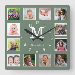 Relógio Quadrado Colagem de Fotos Personalizada 12 Nome da Família 