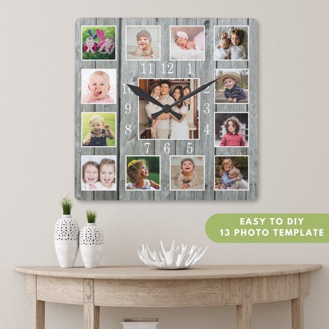 Relógio Quadrado Colagem de Fotos Personalizada 13 Madeira Cinza Rú (Personalized 13 Photo Collage Rustic Gray Wood Square Wall Clock)