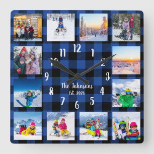 Relógio Quadrado Colagem de Fotos Personalizada Country Azul Xadrez