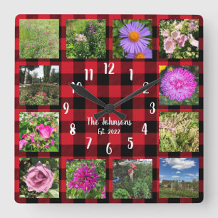 Relógio Quadrado Colagem de Fotos Personalizada Country Vermelho Xa
